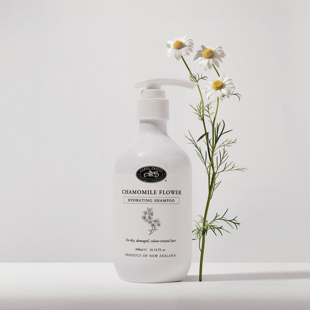 carol priest chamomile flower shampoo, enriched with roman and german chamomiles, baobab peptides, provitamin B5 and manuka honey