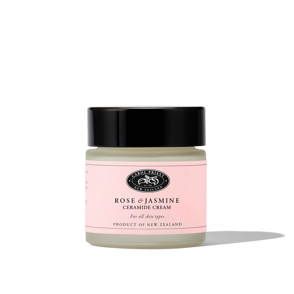 Front photo of CAROL PRIEST Rose & Jasmine Ceramide Cream, moisturiser infused with 3% ceramide complex, rosa damascena, jasminum grandiflorum, marshmallow root extracts