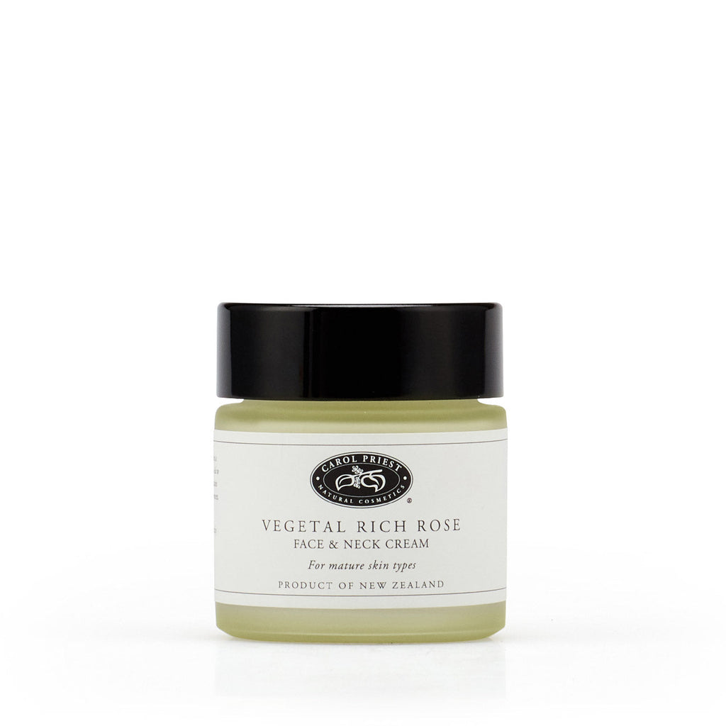 photo showcasing the front of vegetal rich rose face & neck cream by Carol Priest, a natural, organic cosmetic